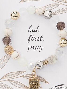 But First Pray Prayer Box Bracelet Gold & White Beaded Stretch faux pearl